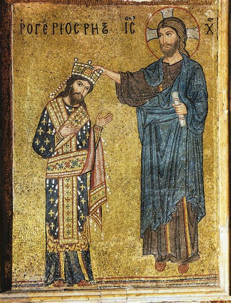 Dettaglio di un mosaico che raffigura Ruggero II di Sicilia incoronato da Gesù Cristo, Martorana, Palermo, come esempio della fusione culturale.