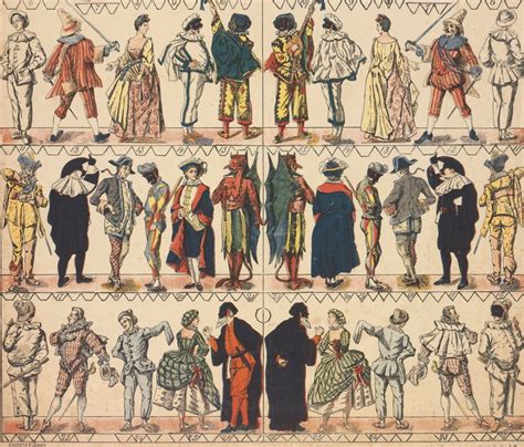 Scena teatrale con i principali personaggi della Commedia dell'Arte in costume d'epoca, come Brighella, Pantalone, Arlecchino e Corallina