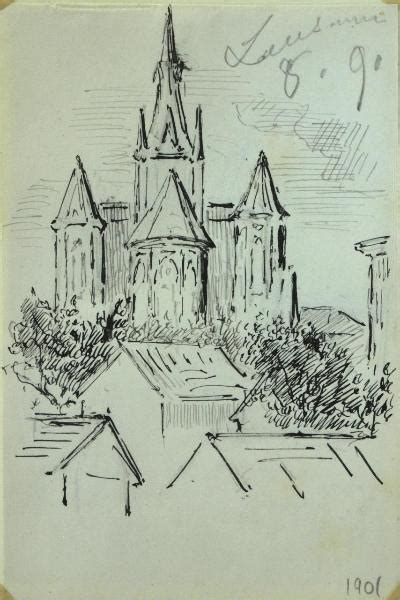 Schizzo di architetto medievale con progetti di cattedrale