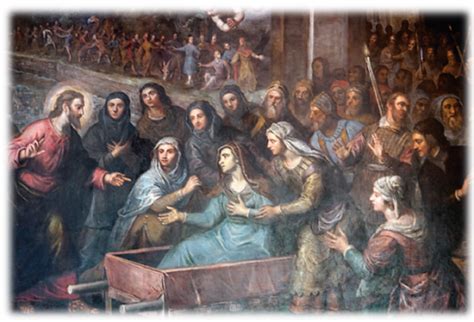 Rappresentazione artistica di Gesù che incontra la vedova di Nain, con il corteo funebre.