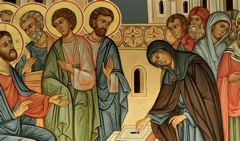 Gesù osserva la vedova che offre le sue due monetine nel tempio