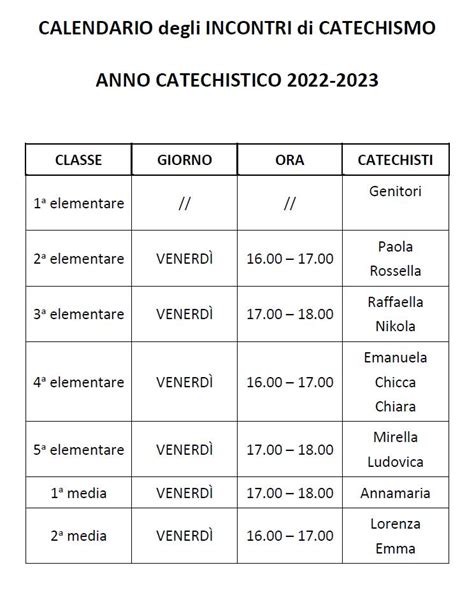Tabella riassuntiva degli orari del catechismo a Carugo