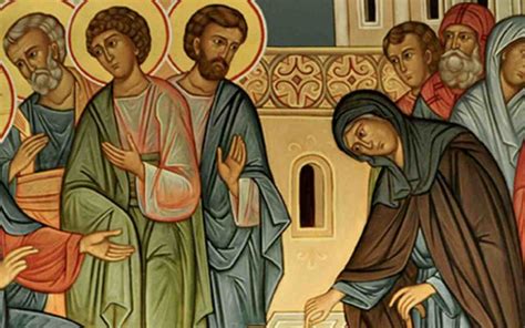Illustrazione della vedova povera che getta due monetine nel tesoro del tempio, con Gesù che osserva