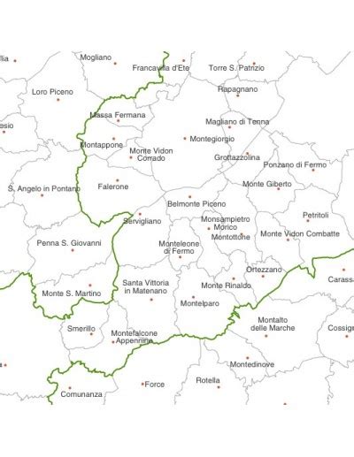 Mappa geografica dell'Arcidiocesi di Fermo con evidenziati i comuni