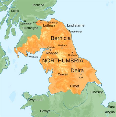 Mappa del Regno di Northumbria nel VII secolo