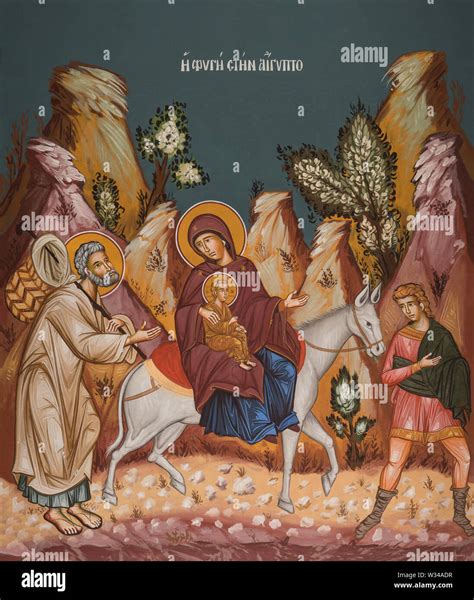Illustrazione biblica della Sacra Famiglia in fuga verso l'Egitto, con il giovane Disma che offre rifugio