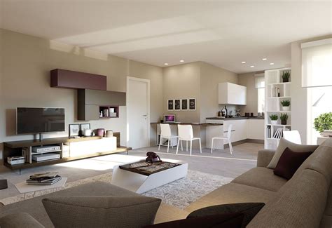 Interno di un appartamento con cucina moderna, zona soggiorno e balcone