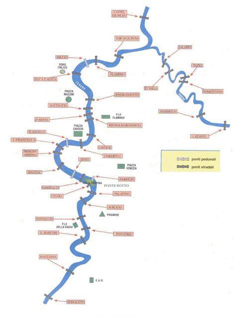 Mappa geografica dell'area di Castel Giubileo con evidenziato il Tevere, il GRA, il percorso ciclabile e l'ubicazione del vecchio ponte in ferro e della diga