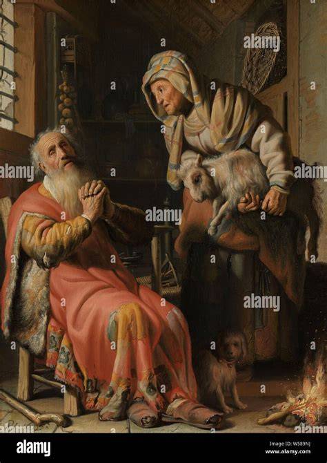 Tobi il vecchio cieco con la moglie Anna e il figlio Tobia, illustrazione biblica