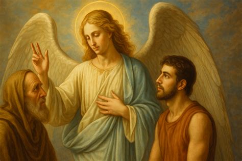 L'Arcangelo Raffaele rivela la sua vera identità a Tobi e Tobia, illustrazione biblica