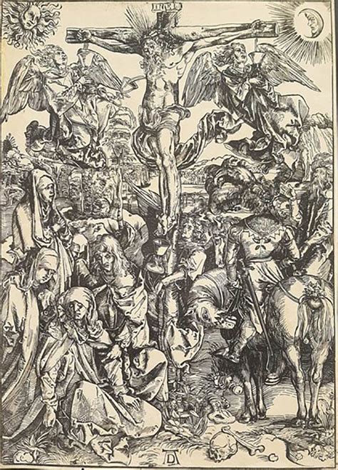La Grande Crocifissione di Albrecht Dürer (xilografia, 1498) che mostra Sole e Luna in posizione simbolica