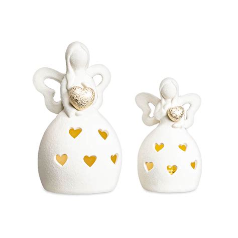 Angelo a LED con cuore oro in ceramica per bomboniere Cresima