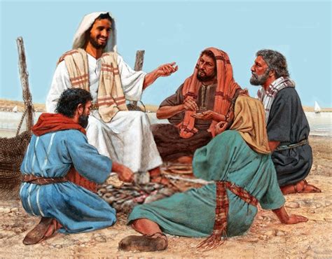 Gesù che parla a un gruppo di discepoli in un paesaggio biblico, con un'espressione di insegnamento