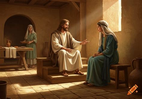 Thematic photo of Jesus teaching, with Martha busy in the background and Mary sitting at his feet, illustrating active vs. contemplative life.