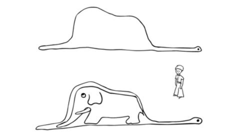 Illustrazione del Piccolo Principe con il boa che ingoia un elefante