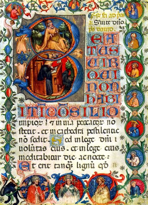 Una pagina miniata che illustra San Paolo intento a scrivere una delle sue lettere.