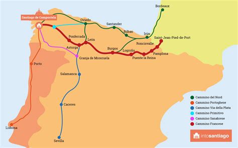 Antica mappa del Cammino di Santiago con le principali rotte