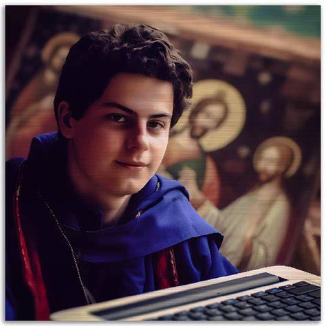 Immagine di Carlo Acutis che lavora al computer, con elementi che richiamano l'Eucaristia e internet