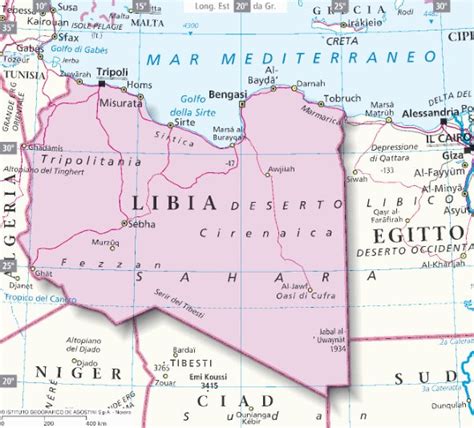 Mappa della Libia con evidenziata la località di Sirte e Al-Aour