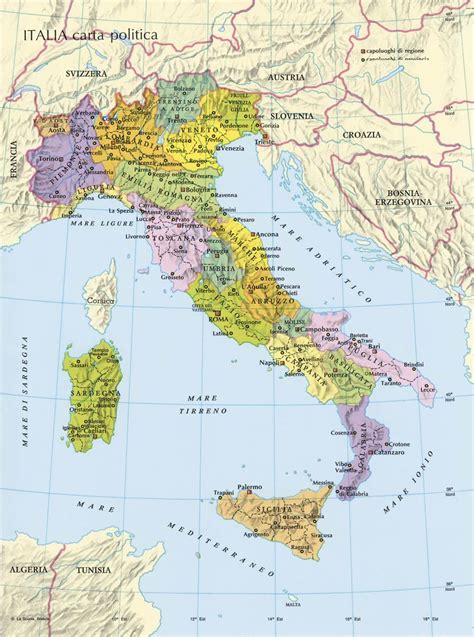 Mappa dell'Italia del Risorgimento con confini politici e indicazione delle aree geografiche menzionate