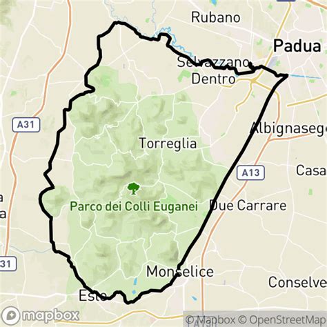 Mappa dei Colli Euganei con evidenziata Battaglia Terme e l'Abbazia di Praglia