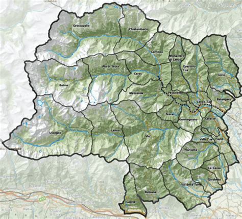 Mappa storica delle Valli di Lanzo con Groscavallo e i principali insediamenti ecclesiastici