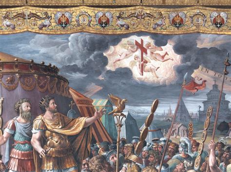 Rappresentazione storica della visione di Costantino della croce o croce stilizzata con riferimenti ai quattro elementi/virtù