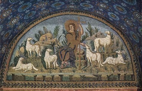 mosaico o illustrazione del buon pastore con le pecore