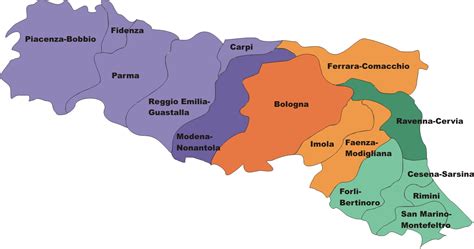 Mappa delle diocesi dell'Emilia-Romagna con i riferimenti regionali dell'Azione Cattolica