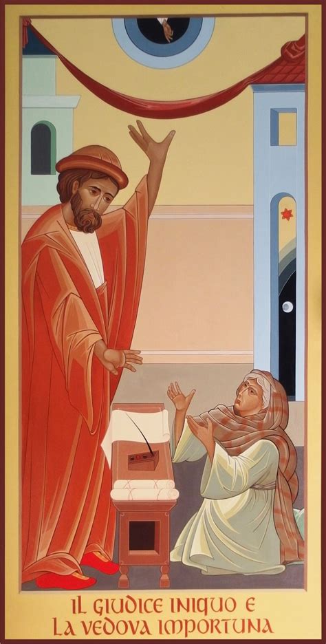 Illustrazione della vedova importuna che parla con il giudice