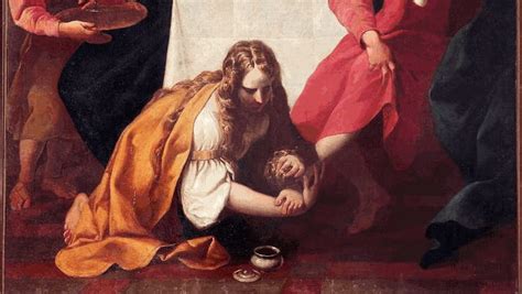 Un dettaglio del dipinto che raffigura la peccatrice che unge i piedi di Gesù.