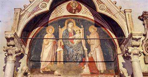 Dettaglio dell'affresco della Madonna in trono nella Cappella di Santa Margherita