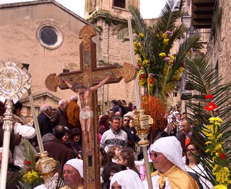 Confrati con casacche tradizionali e palme monumentali durante la processione