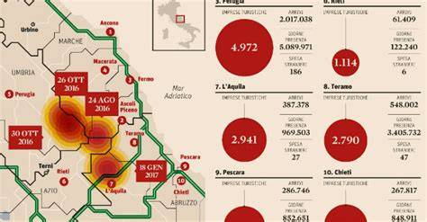 Mappa delle aree colpite dal terremoto del Centro Italia con evidenziate le località menzionate