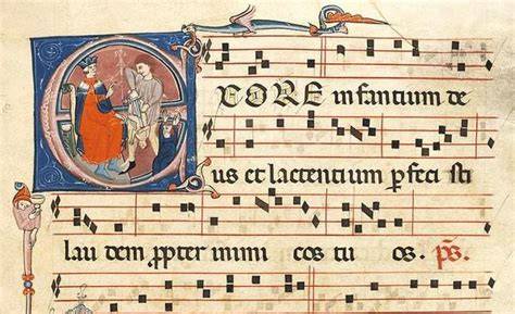 Monaco che esegue un canto monodico medievale con notazione neumatica