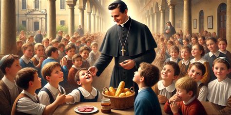 Illustrazione di Don Bosco con bambini sorridenti