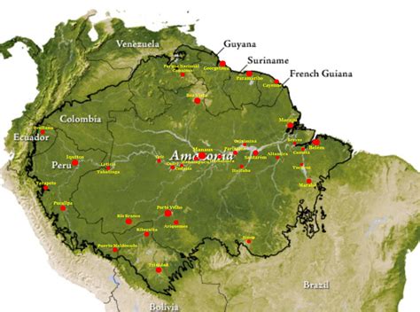 Mappa dell'Amazzonia con indicazione delle aree di intervento dell'Associazione Ra.Mi.Poi.