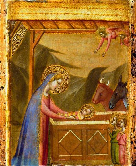 Natività di Bernardo Daddi con Maria che adagia il Bambino nella mangiatoia, asino e bue