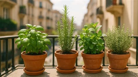 Vasi con diverse piante aromatiche su un balcone soleggiato.
