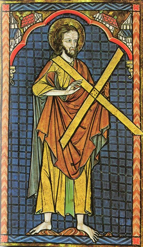 Illustrazione di Sant'Andrea apostolo, con elementi iconografici che richiamano la sua figura, come la croce a X e attrezzi da pesca.