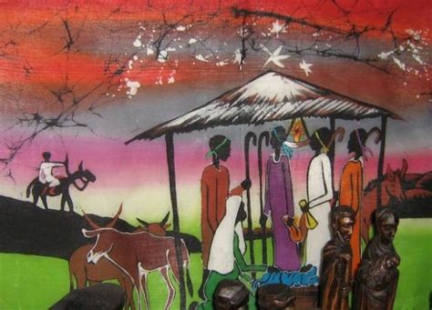 Tanzanian nativity batik, che mostra una natività stilizzata