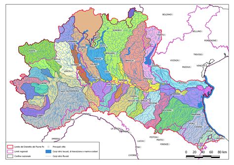 Mappa del bacino idrografico del Po con evidenziate le aree di intervento