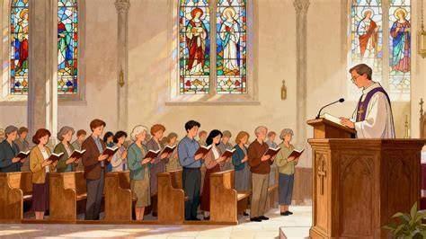 illustrazione di una chiesa con fedeli che cantano durante la Quaresima