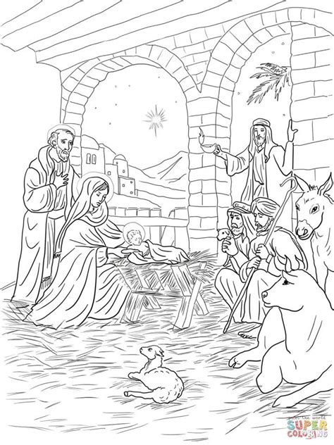 Esempio di pagina da colorare raffigurante la Natività con la Sacra Famiglia, pastori e animali.
