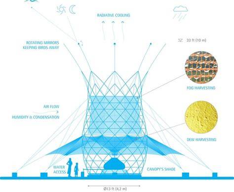 Schema di funzionamento della Torre Warka Water con la rete interna e il bacino di raccolta