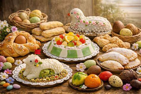 Composizione fotografica di dolci pasquali siciliani come cassata,