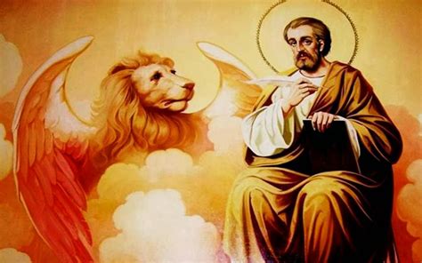 illustrazione di San Marco Evangelista che scrive il Vangelo, con un leone ai suoi piedi