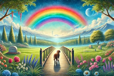 illustrazione del Ponte dell'Arcobaleno con animali che giocano in un prato e un raggio di luce verso un umano