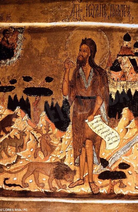 Illustrazione che raffigura Giovanni Battista nel deserto, con elementi visivi che richiamano le descrizioni bibliche.