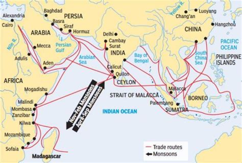 Mappa delle antiche rotte commerciali dell'avorio tra India, Africa e il Mediterraneo, evidenziando i principali porti.